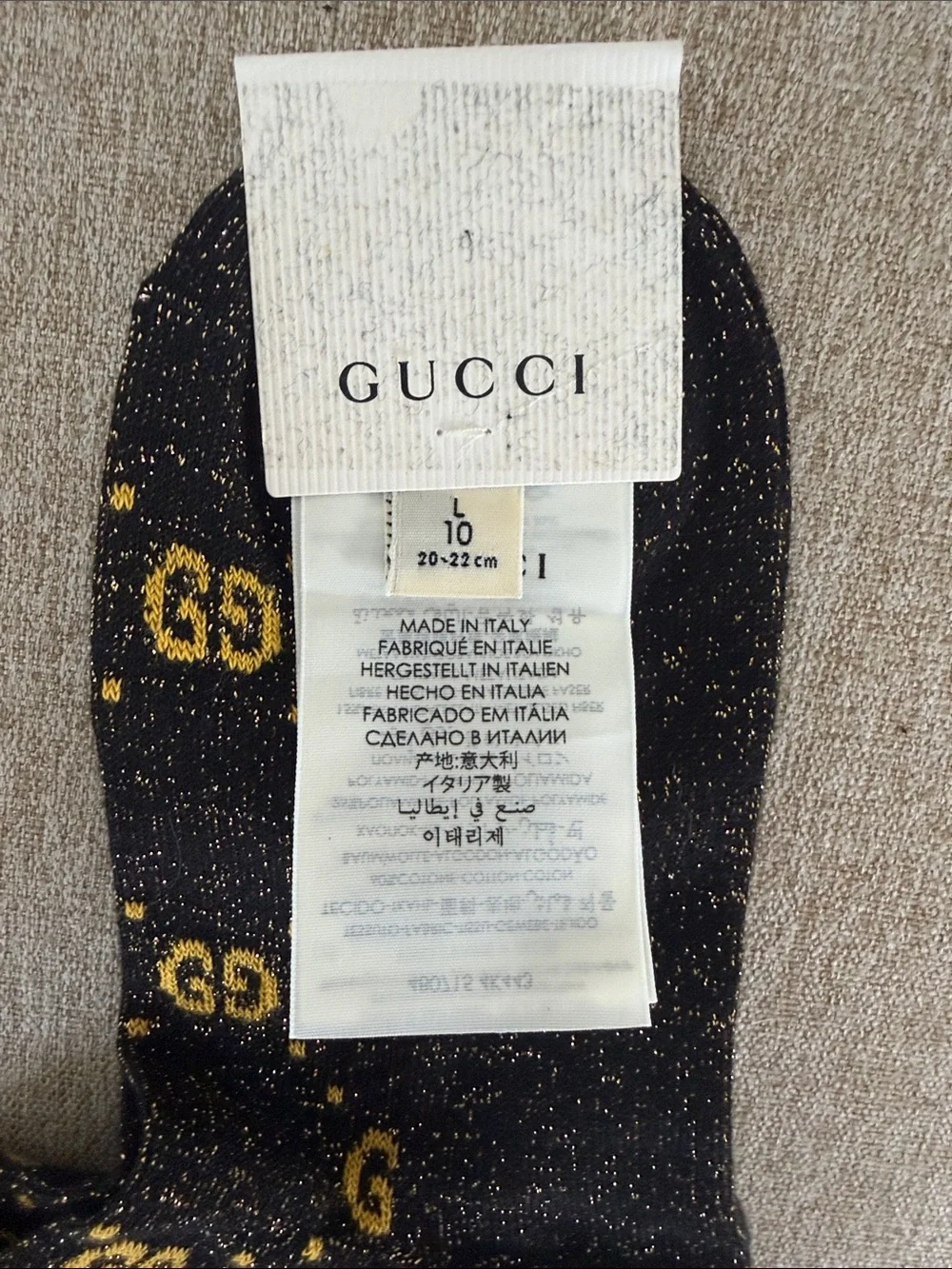 Gucci Black and Gold GG Jacquard Crew Socks in Youth Size L NWT